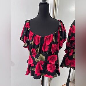 Romantic Black and Red Floral Back Tied Blouse